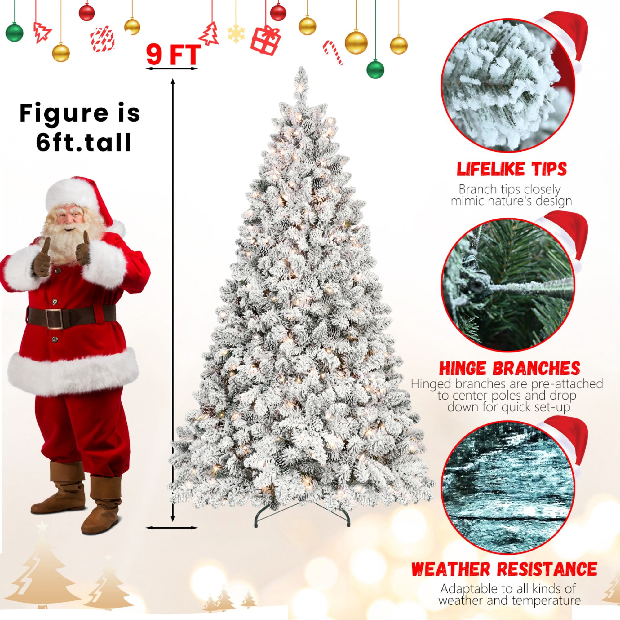 DEALTOPS 9 FT Snow-Flocked Pre-Lit Artificial Christmas Tree, 2240 Tips & 850 UL Lights, Pine Cones & Stand