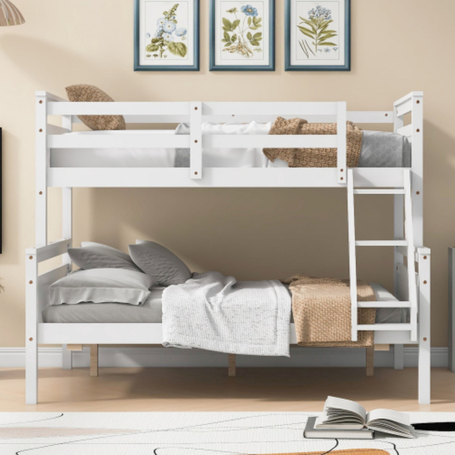 Twin Over Full Bunk Bed with Ladder and Safety Guardrails, Convertible Wood Bunk Bed Frame, Detachable into Twin & Full Platform Beds for Kids Bedroom, White