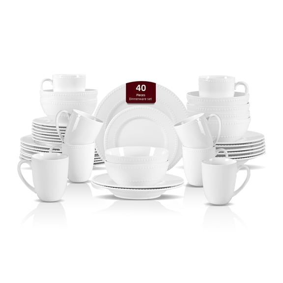 New Bone China Dinnerware Set, Embossed Pearl Design, 40pc Dinnerware Set