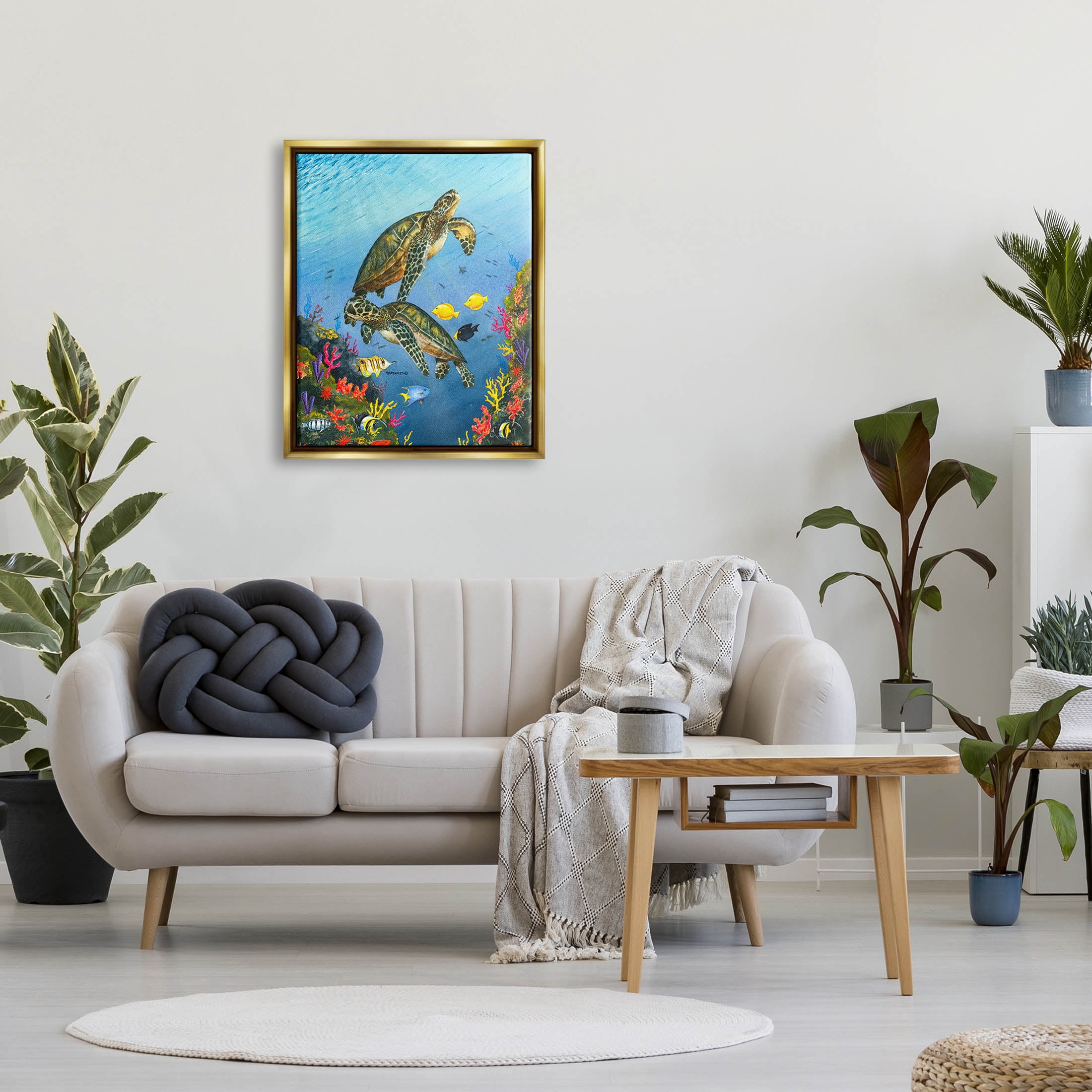 Sea Turtles Swimming Underwater Reef Animals & Insects Graphic Art Metallic Gold Framed Art Print Wall Art