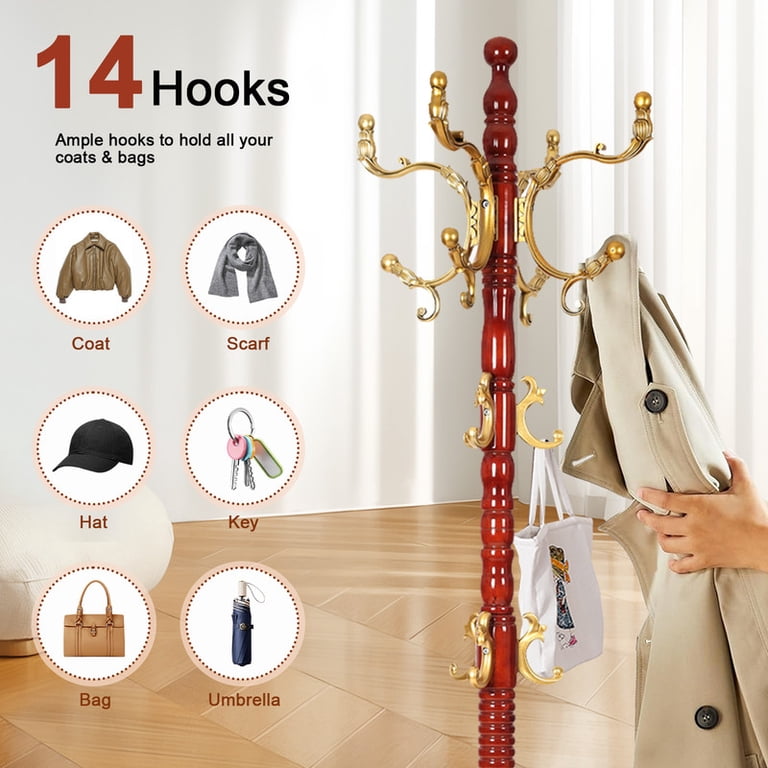 14 Hook Adjustable Height Coat Tree Stand, Vintage Natural Birch Wood ...