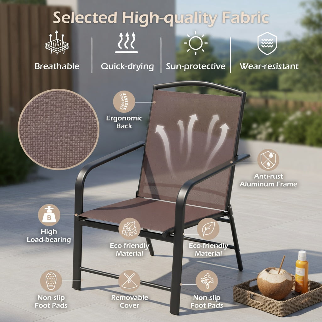 Hommoo 2-Piece Outdoor Swivel Chairs Set, High-Back Metal Patio Chairs with Breathable Mesh Seat, 360° Rotation & Gentle Rocking, Brown