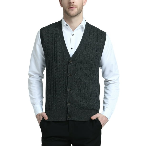 Kallspin Men s Wool Blend Cable Knit V Neck Sleeveless Cardigan