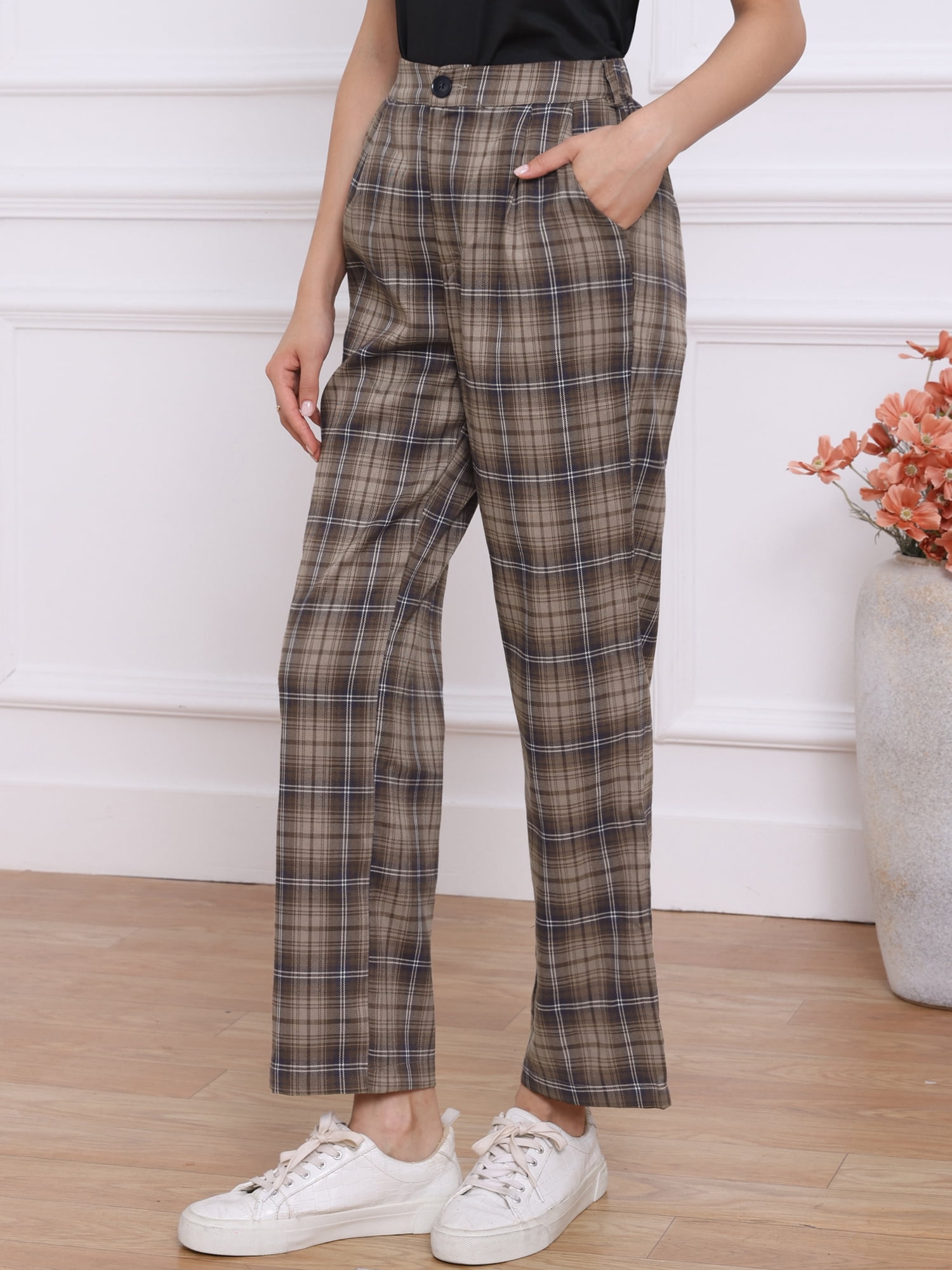 DARING DIVA Women's Plaid Pants Elastic Waist Casual Office Long Trousers XL Brown Coffee