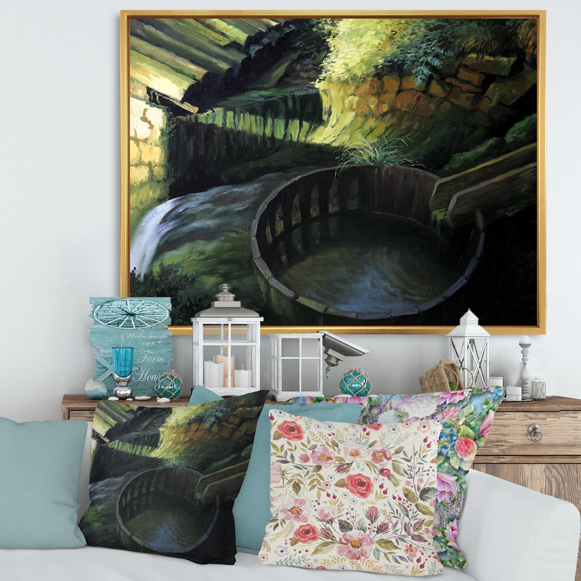 Designart 'Old Watermill In Green Nature Landscape' Lake House Framed Canvas Wall Art Print