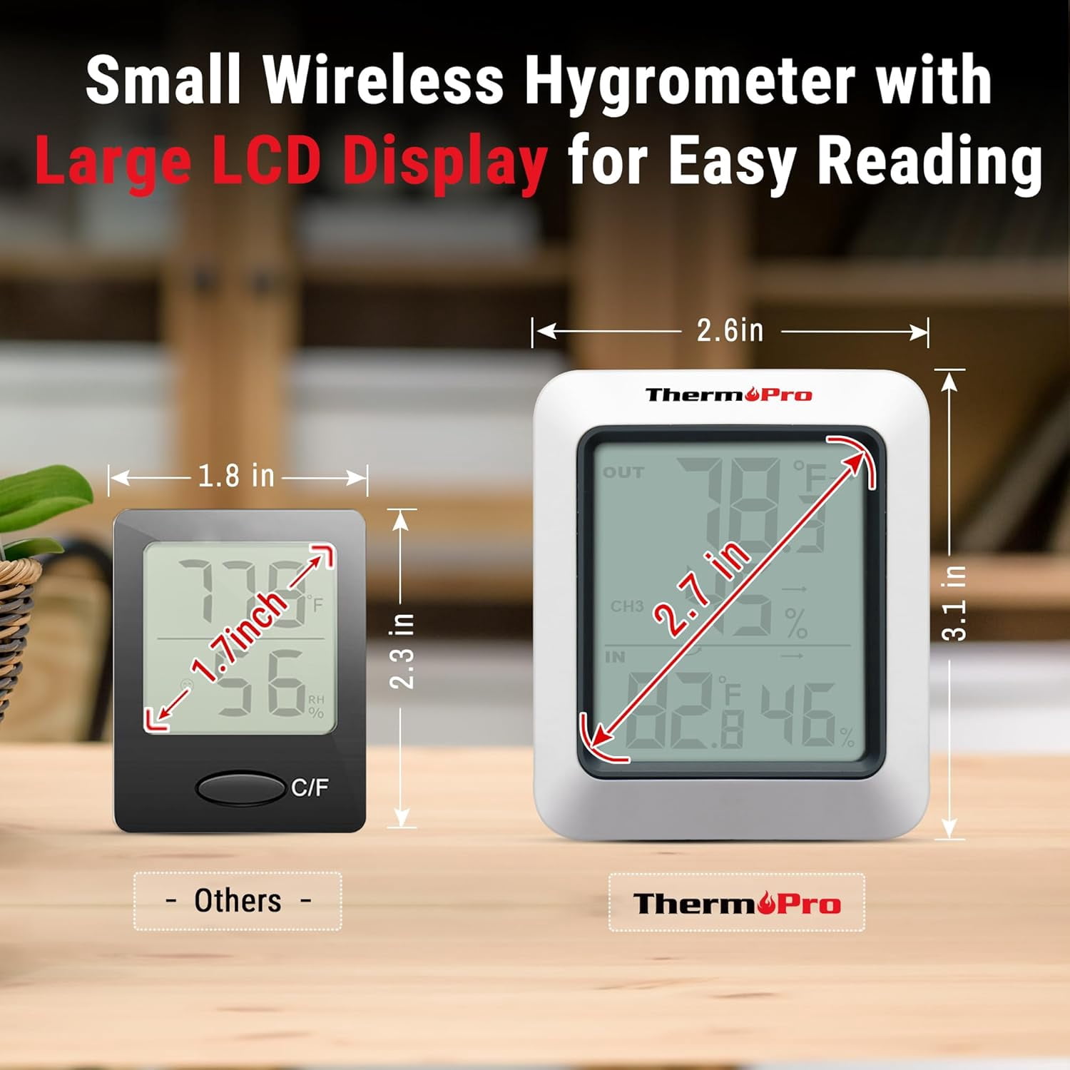 TP60-3 Digital Hygrometer Indoor Outdoor Thermometer Wireless Temperature and Humidity Gauge Monitor Room Thermometer with 500ft/150m Range Humidity Meter
