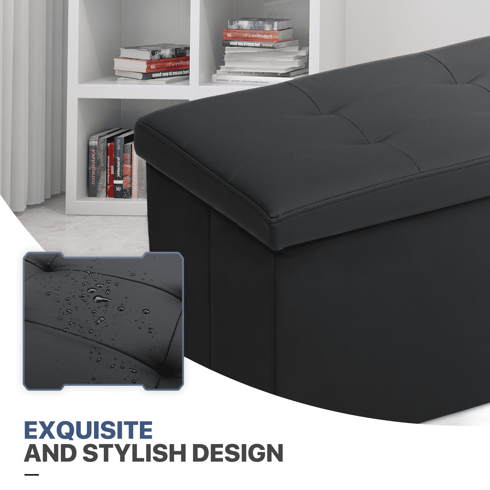 MoNiBloom 30" Folding Storage Ottoman Bench, PU Leather Collapsible Footrest Ottoman with Storage, for Living Room Bedroom Entryway, Black