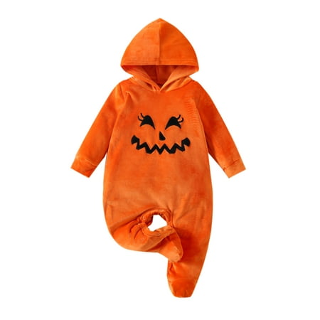 

Jxzom Infant Baby Halloween Hooded Romper Cartoon Smiling Embroidery Printed Long Sleeve Hoodie Jumpsuit