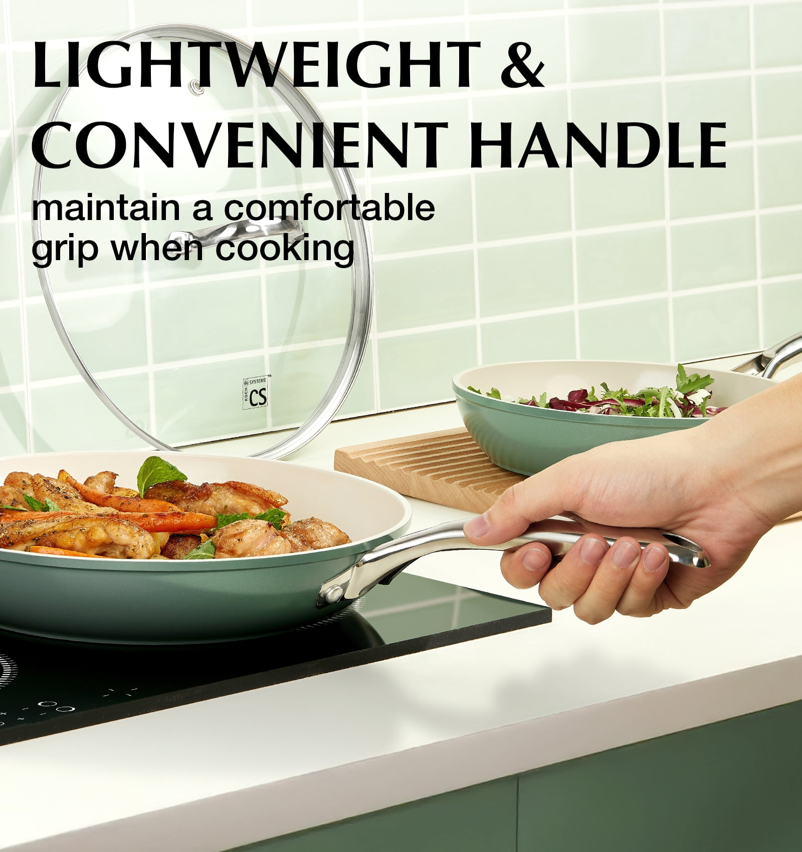 Koch Systeme CS 10 inch Ceramic Non-Stick Frying Pan with Lid, Steel Handle, Oven and Dishwasher Safe, Even Heating, Suitable For All Stoves, Green
