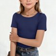 thumbnail image 2 of KPOPLK Kids Girls Pleated T Shirts Kids Summer Short Sleeve Cute Graphic Print Fashion Tops Tees Size 11-12 Years,Navy, 2 of 4