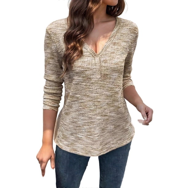 Womens Waffles Knit Tops 2025 Oversized Long Sleeve V Neck Shirts Business Casual Blouses Basic Shirts Tees Sky Blue XL