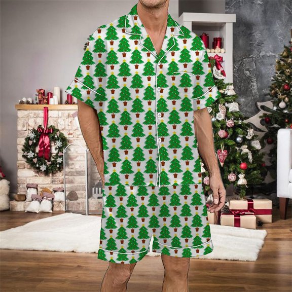 JIANJIA Mens Pajama Sets Christmas Print Silk Satin Lapel Short Sleeve Button Up Tops With Shorts Two Piece Underwear Nightwear