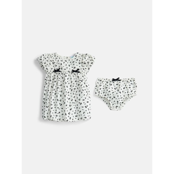 Wonder Nation Baby Girls Puff Sleeve Cotton Dress with Bloomers, 2 Piece, Sizes 0/3M-24M