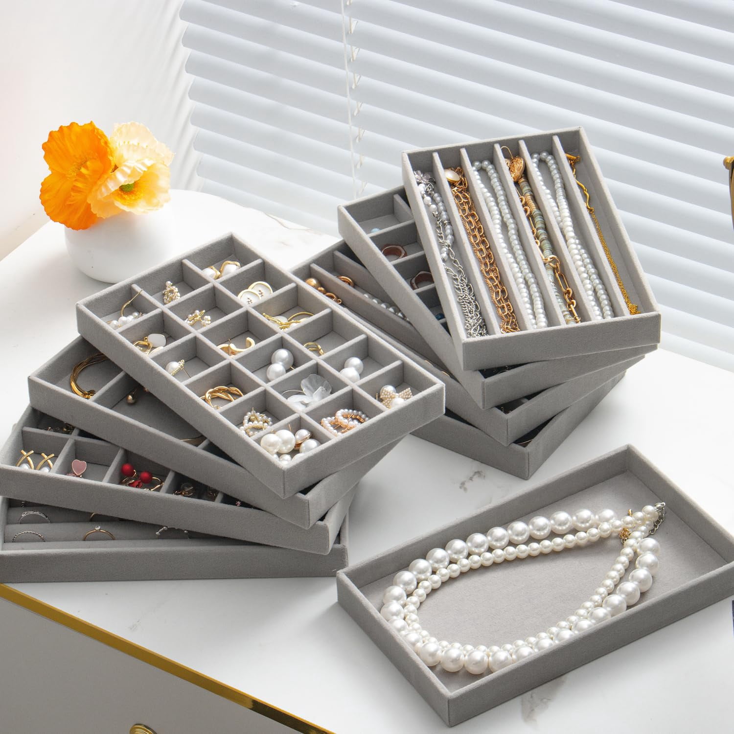 Jewelry Organizer Drawer Organizer, Stackable Velvet Jewelry Tray for Earrings, Jewelry Organizers and Storage for Women, Jewelry Storage Display Case for Rings and Necklaces