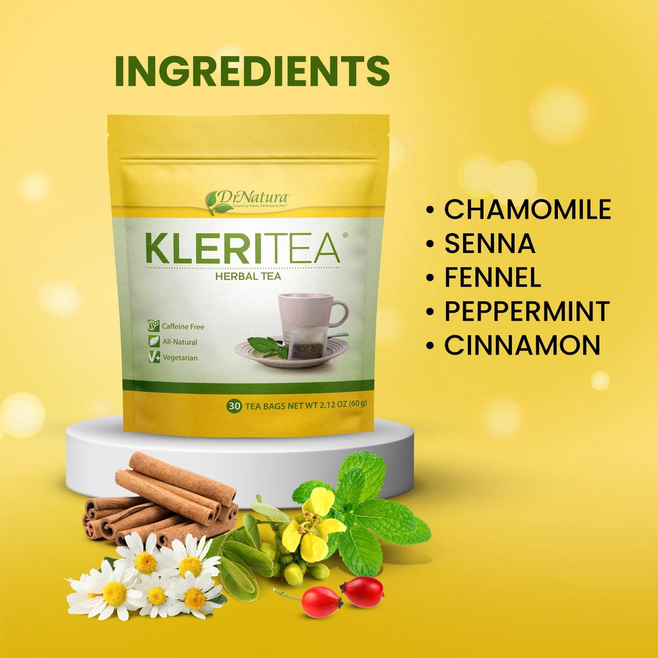 DrNatura KleriTea Herbal Tea Caffeine Free All Natural Vegetarian Tea Bags 30 Count 2.12 oz