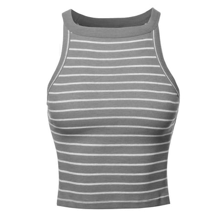 FashionOutfit Women's Stripe Sleeveless High Neck Ribbed Crop Tank