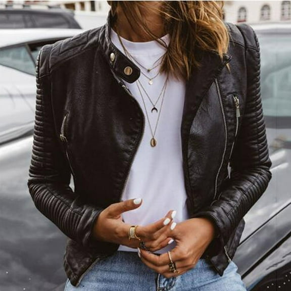 AOOCHASLIY Women Winter Coat Women Cool Faux Leather Jacket Long Sleeve Zipper Fitted Coat Fall Short Jacket