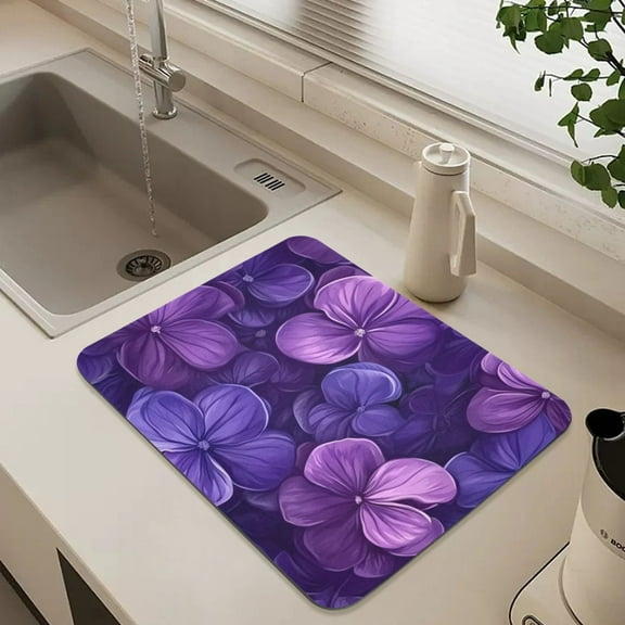 Dark Purple Flowers Dish Drying Mat for Kitchen Counter Absorbent Drainer Mats (15.7X11.8Inch)