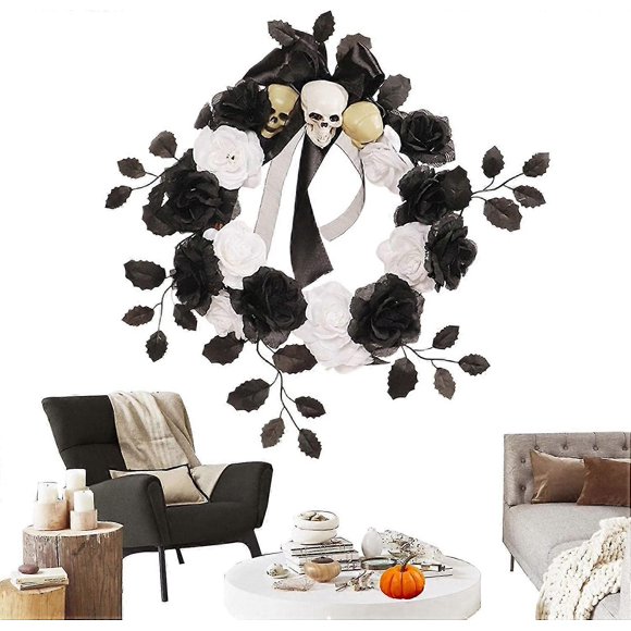 2 Pcs Halloween Decoration Skull Wreath | 30cm/11.8inch Black & White Rose Artificial Wreaths Creepy Halloween Ornaments