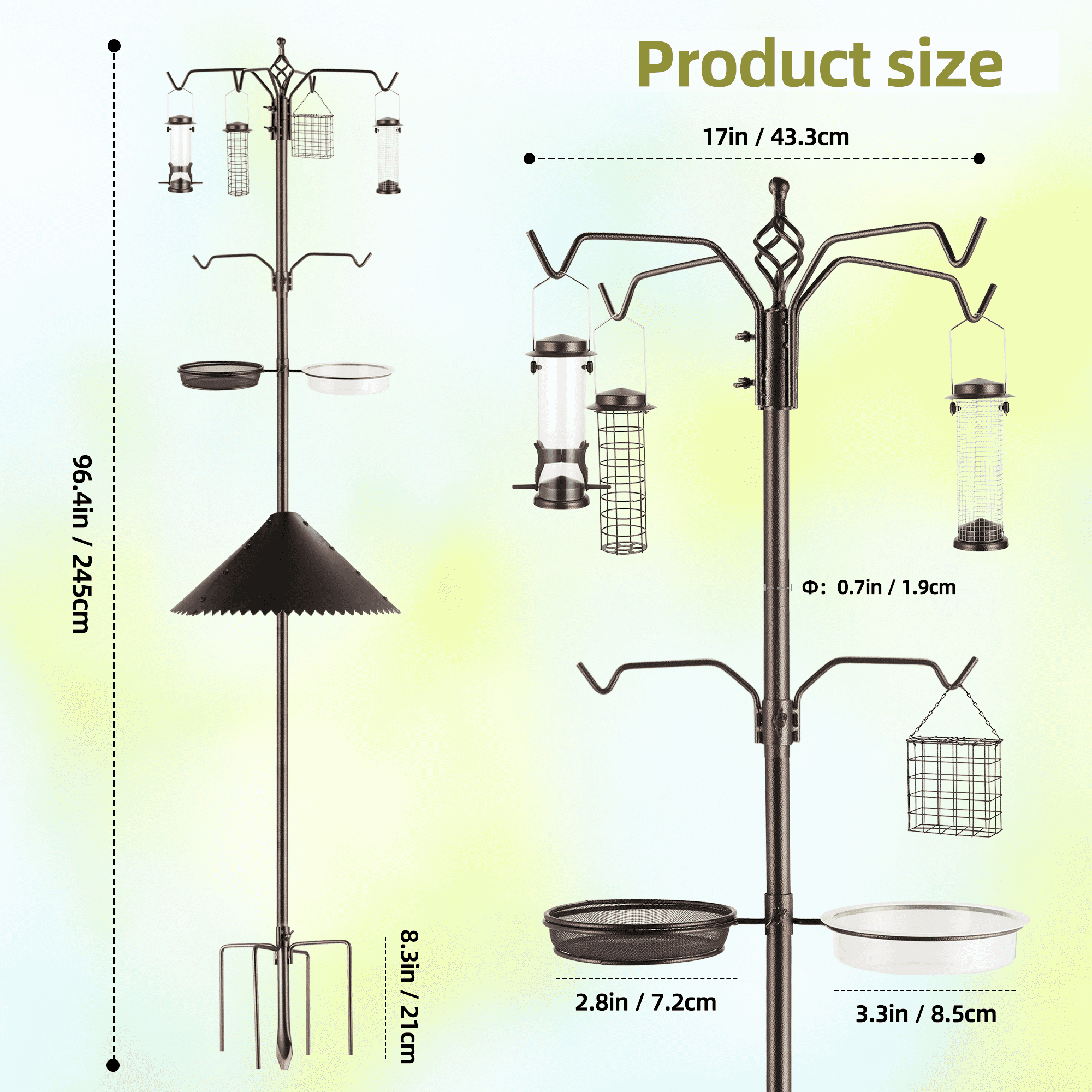 Urban Deco Bird Feeding Station,A Set with 6 Bird Feeders Hanging,Wide Metal Squirrel Baffle , Bird Feeder Poles Kit Premium Bird Bath for Attracting Wild Birds