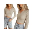 thumbnail image 6 of KelaJuan Women’s Ribbed Crop Tops Long Sleeve Notched V Neck Solid Color Slim Fit T-Shirts Blouses, 6 of 6