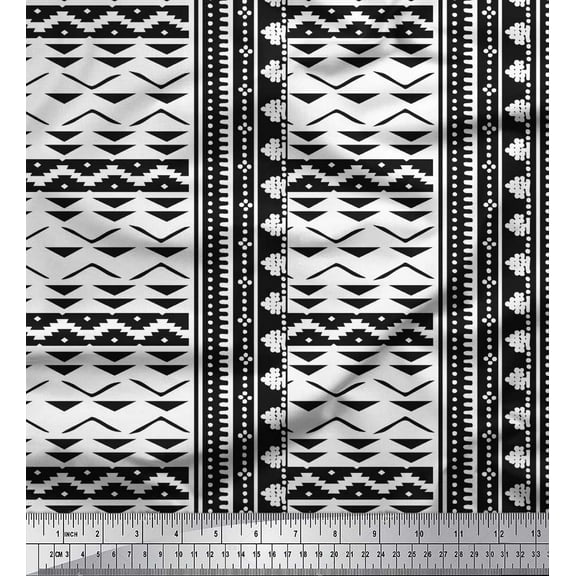 Soimoi Black polyester Crepe Fabric Square & Triangle Geometric Decor Fabric Printed Yard 42 Inch Wide