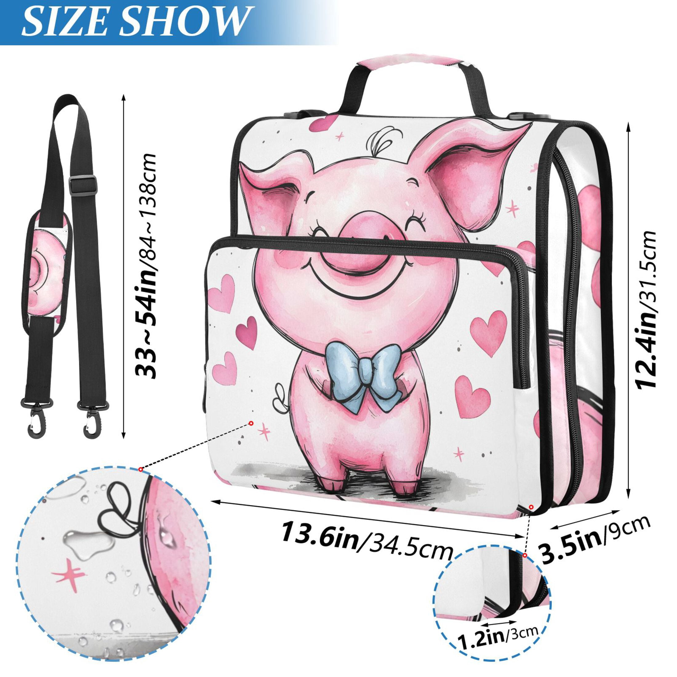 3 Ring Zipper Binder with Shoulder Strap Waterproof Trapper Keeper 2 Inch D-Ring 500 Sheets Capacity Cute Pink Pig and Heart