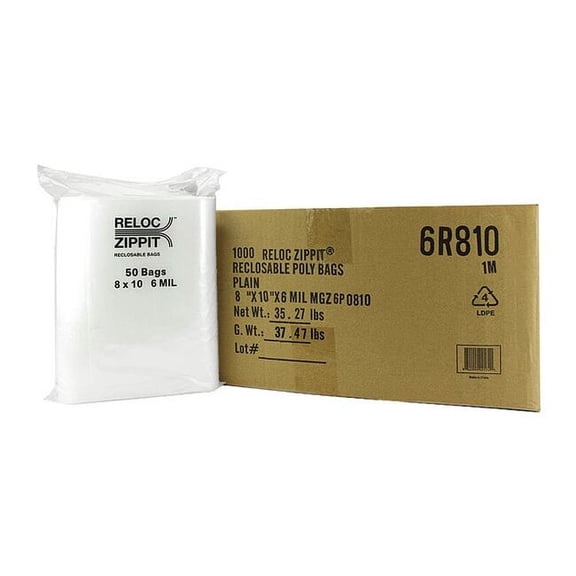 Reloc Zippit Reclosable Poly Bag,Zip Seal,PK1000 6R810