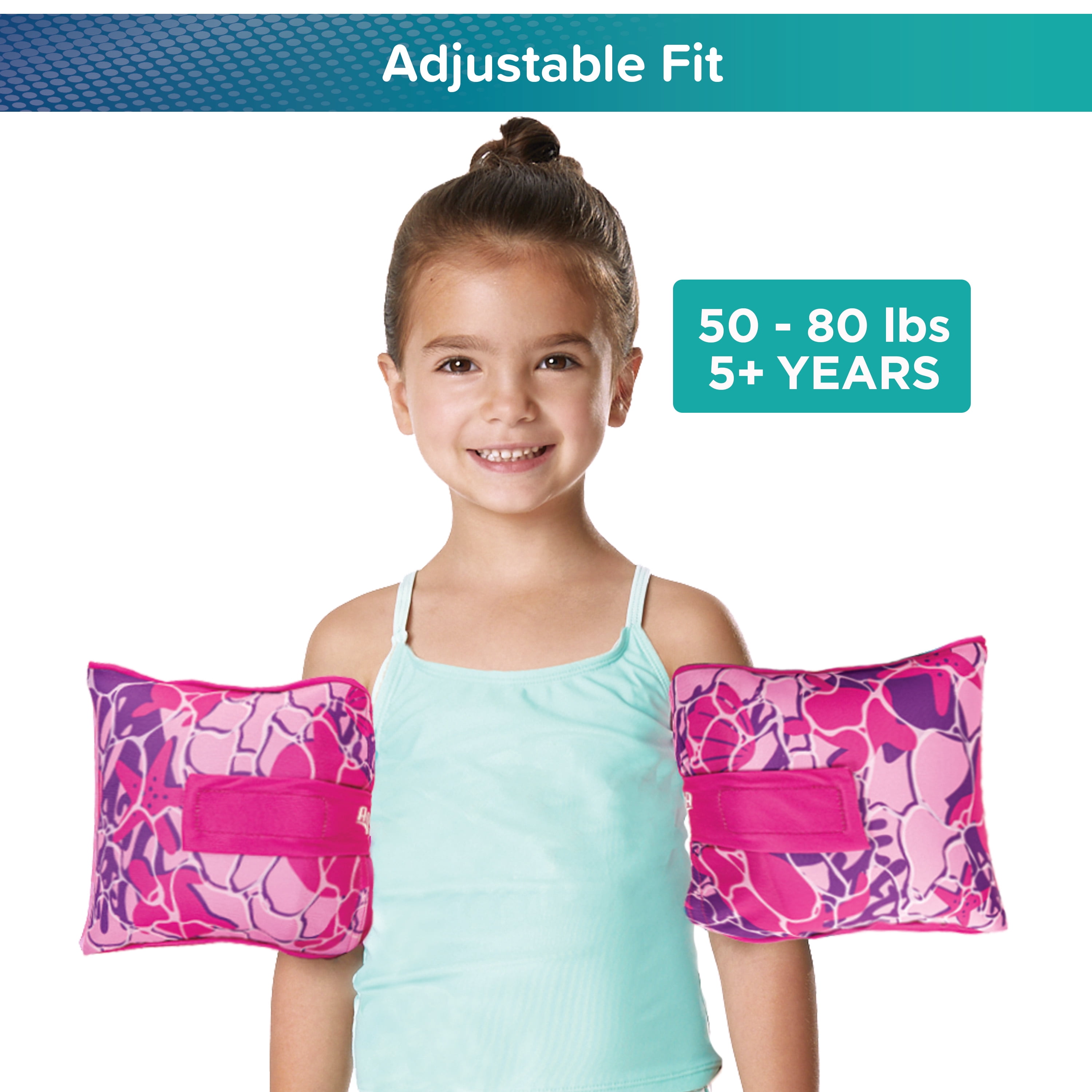 (2 pack) SwimSchool Adjustable Fabric Arm Pool Floats for Children 50-80 lb, Unisex, Pink