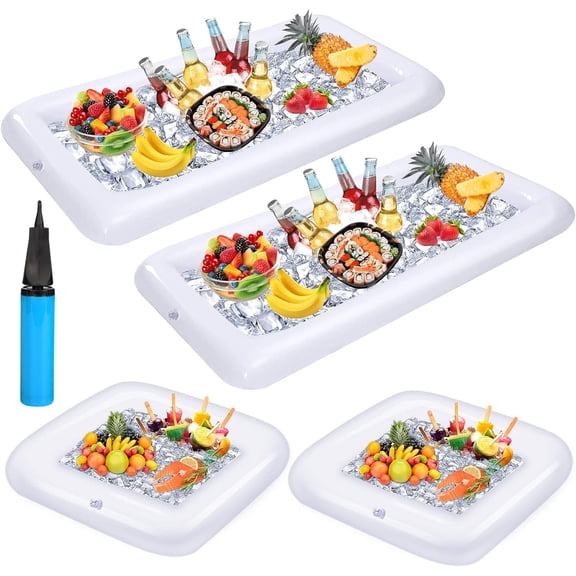 4 Pack Inflatable Ice Serving Bar, Pool Party Buffet Drink Cooler Floating Ice Tray, Food Drink Containers for Summer Parties with Inflatorce