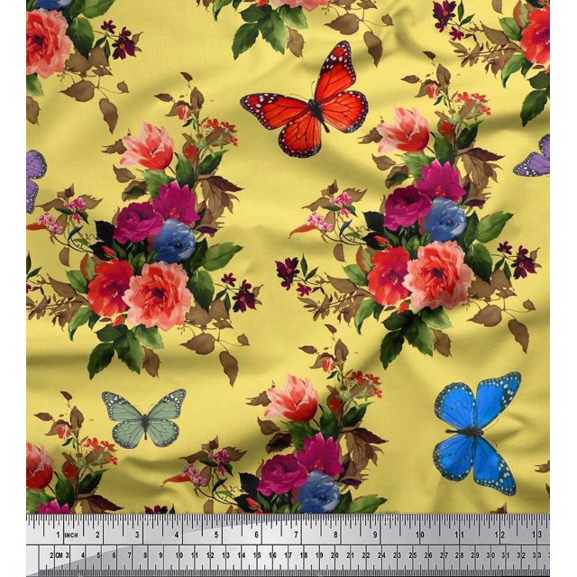 Soimoi Cotton Duck Fabric Leaves, & Peony Floral Printed Fabric 1 Yard 56 Inch Wide