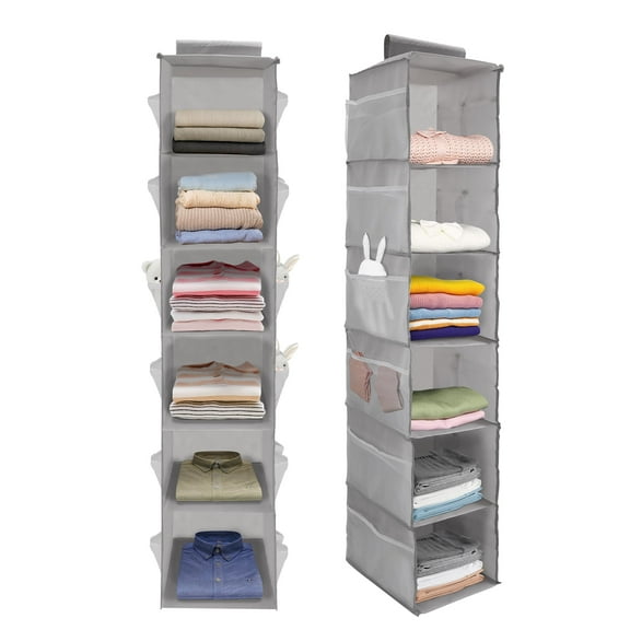 Hanging Closet Organizer and Shelves, 6 Tier Shelf with 2 Side Pockets, Storage Closet Hanging Shelf for Sweater and Clothes Organization, Foldable(2 Pack, Grey)