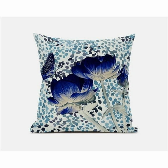 Three Roses with Butterfly Throw Pillow with Removable Cover in Electric Blue Cream Off-White 20x20