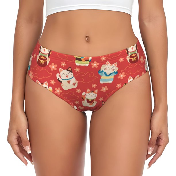 Balery Japanese Maneki Cats Ropa Interior de Algodón para Mujer con Dibujo – Braguitas Cómodas y Elásticas, Estilo Clásico-3X-Large