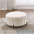 thumbnail image 3 of Beige Velvet Round Storage Ottoman with Reversible Lid, Channel Tufted Pumpkin Shape Footrest for Living Room, Bedroom, Office, 3 of 8