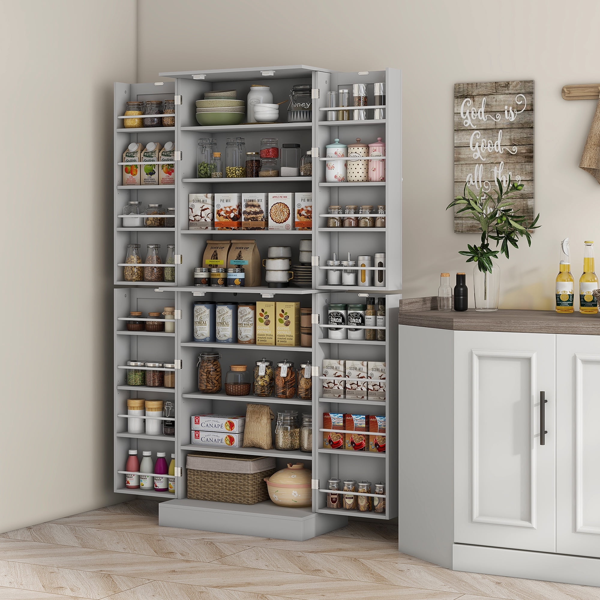 HOMCOM 65" Kitchen Pantry Cabinet with Adjustable Shelves Spick Racks Gray