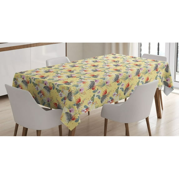 Tropical Tablecloth, Exotic Forest with Pastel Hibiscus Flowers and Areca Palm Leaves, Rectangle Satin Table Cover Accent for Dining Room and Kitchen, 60" X 84", Pale Yellow Multicolor, by Ambesonne