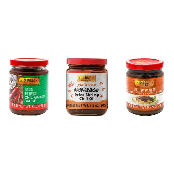 3 Pack Lee Kum Kee Cooking Sauce, 3 Flavors(Chili Garlic Sauce,Dried Shrimp Chili Oil,Sichuan Spicy Noodle Sauce) Plus NineChef Brand Long Handle Coffee Spoon
