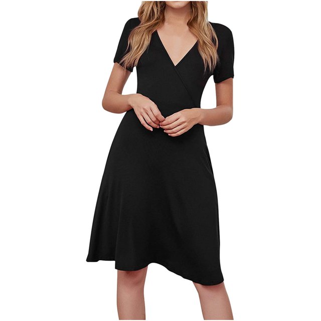Pompotops Robe de Mode pour Femmes Unie Décontractée Col en V Longueur Genou Manches Courtes Longue Robe