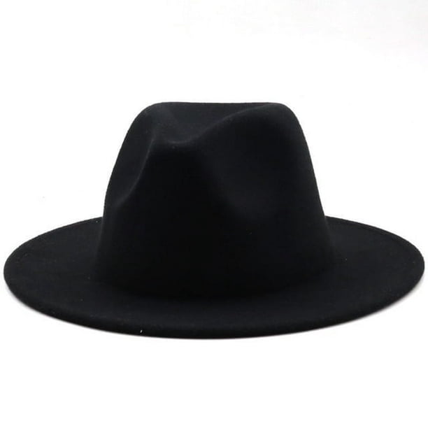 Nvzi Sombrero clásico de fieltro de lana con ala ancha y cinturón de perlas, color rosa, liso, para bodas, iglesias, invierno, color NEGRO, 59-61 cm