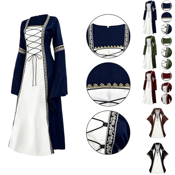 Medieval Noble Overcoat Dress, Lace Trim Renaissance Gown, Lace Up Trimmed Medieval Overcoat Dress, Long Flare Sleeve Two Piece Renaissance Cosplay Gown for Halloween Noble Themed Party, Blue L