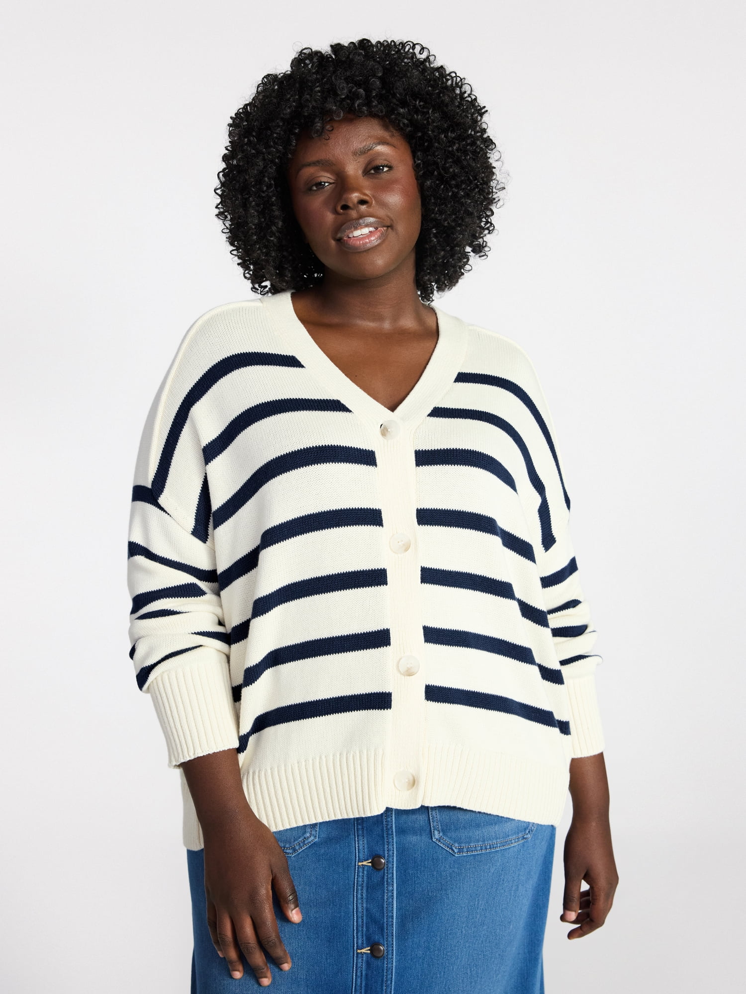 Terra & Sky Women's Plus Size Boyfriend Cardigan with Long Sleeves, Midweight, Size 0X-5X
