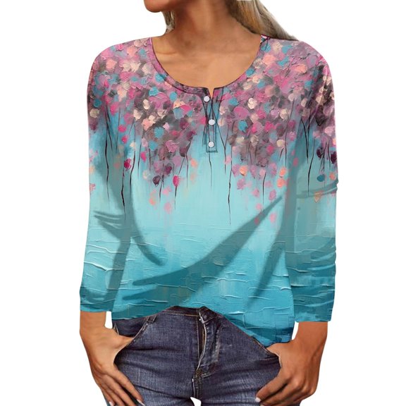 Arlun Oversized Button up Tshirts for Women Trendy Graphic Printed V Neck Long Sleeve T Shirts Womens Loose Fit Lightweight Comfortable Tops Outfits Pink M