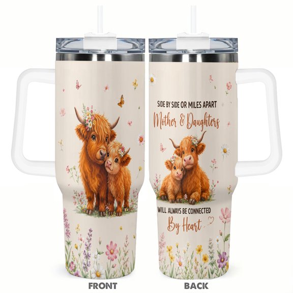 40oz Mother and Daughter Highland Cow Tumbler with Handle and Straw Floral Coffee Travel Cup Gift