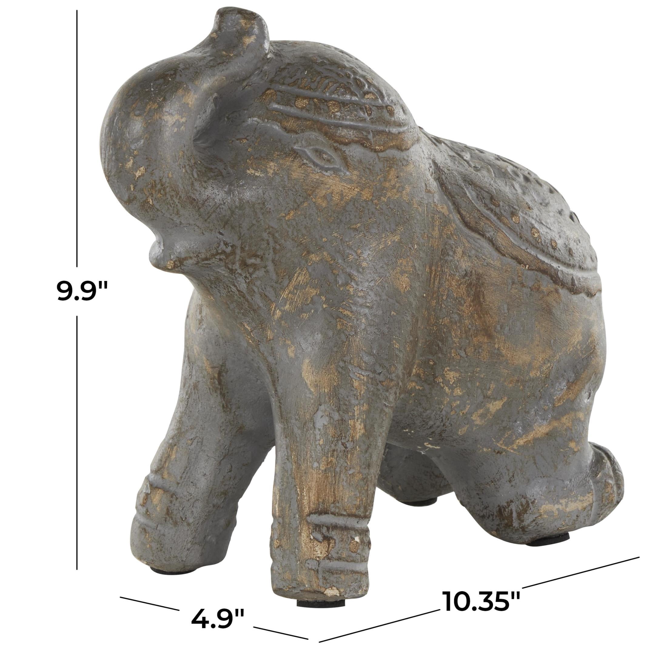 10" x 10" Dark Gray Paper Mache Handmade Distressed Carved Elephant Sculpture with Wood Inspired Accents, by DecMode