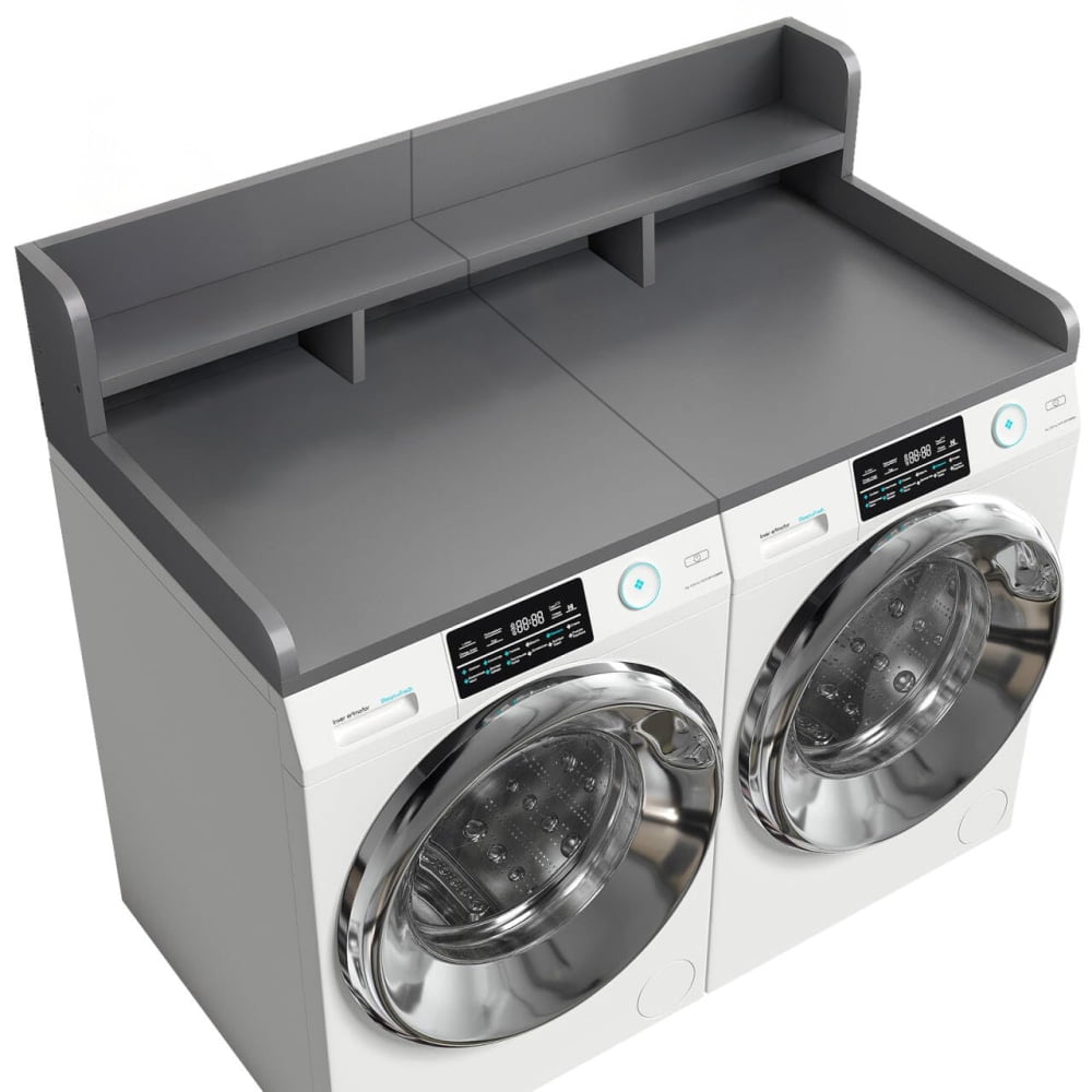 54" x 27.5"Washer Dryer Countertop with Non-slip Pads, Laundry Wood Shelf Topper with Edge, Double Layer Organizer for Washer and Dryer Laundry Hamper Counter Storage, Grey