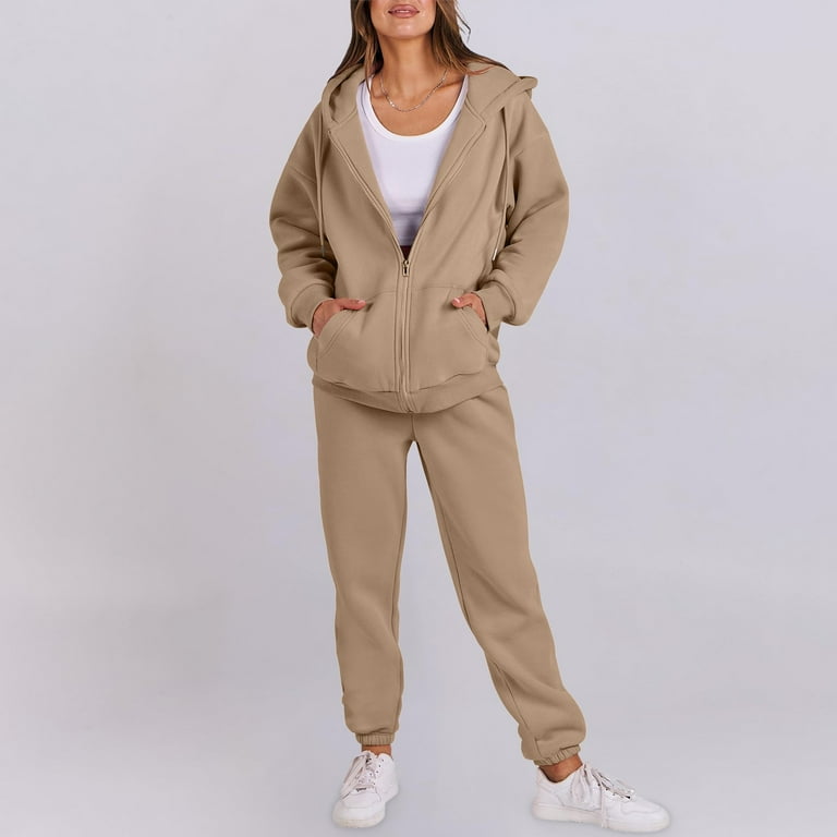 Ediodpoh Women Long Sleeve Tracksuit Sport Suit Solid Color Hooded Sweatshirt Streetwear Hooded Sport Suits Autumn Winter Long Pants Two Piece Sets