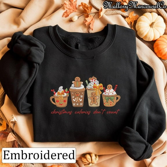 Embroidered Gingerbread Coquette Bow Sweatshirt, Christmas Calories Don’t Count Embroidery Hoodie, Holiday Embroidered TShirt,Cute Christmas