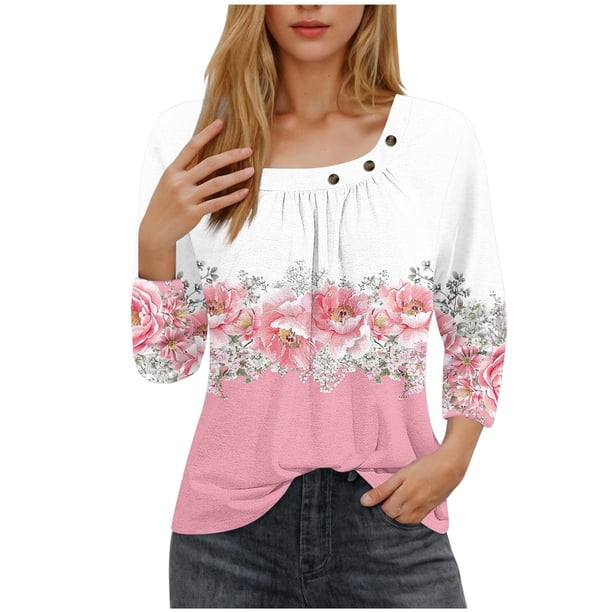 Blusas para las Mujeres Casual, 3/4 Manga Floral Estampado Camiseta de Moda Top Hecho de Poliéster Transpirable Suave para el Uso Diario de Primavera Otoño, Tops de Blusa para las Mujeres