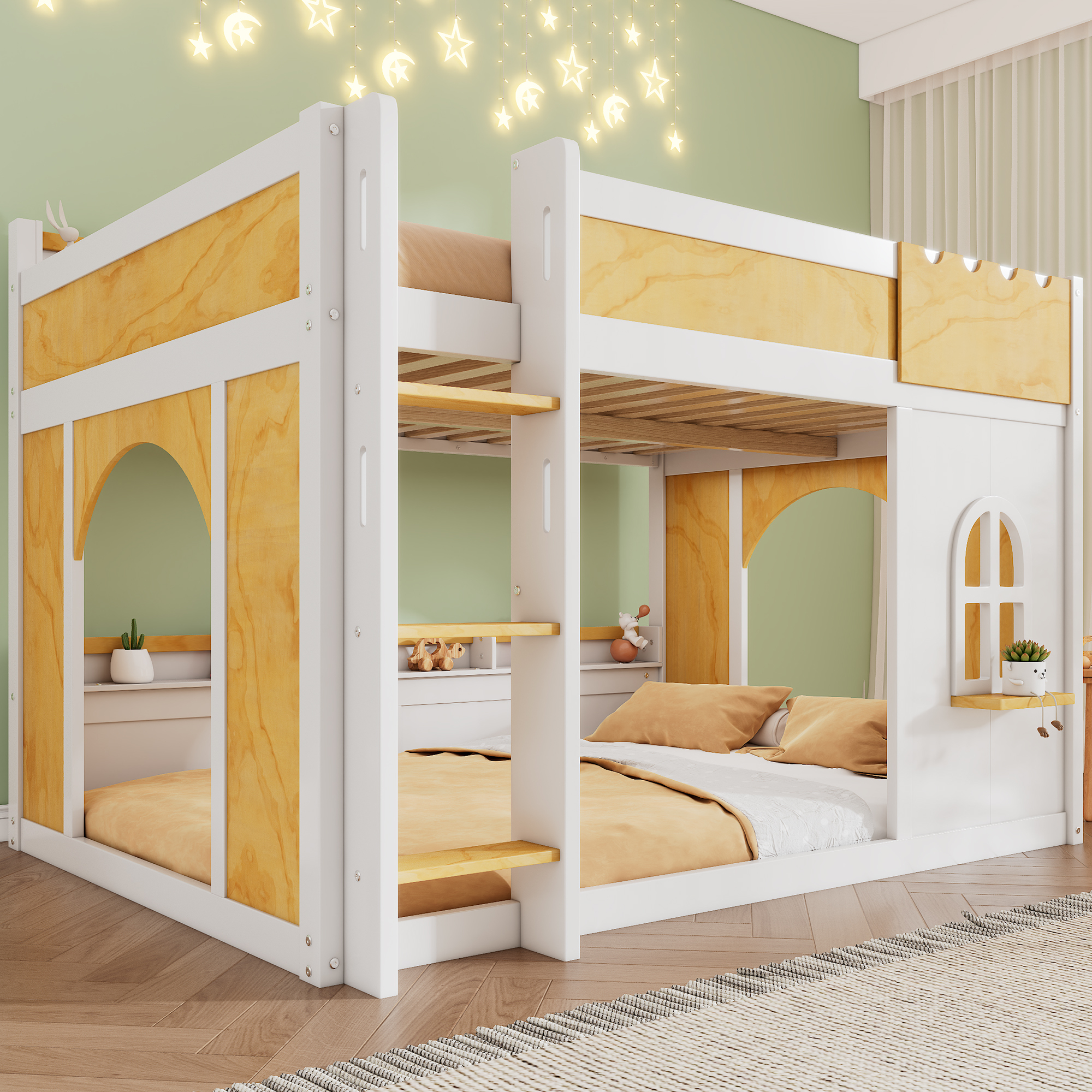 Euroco Wood Full over Full Bunk Bed with Storage Shelves, House Shaped Design Loft Bed, White & Natural